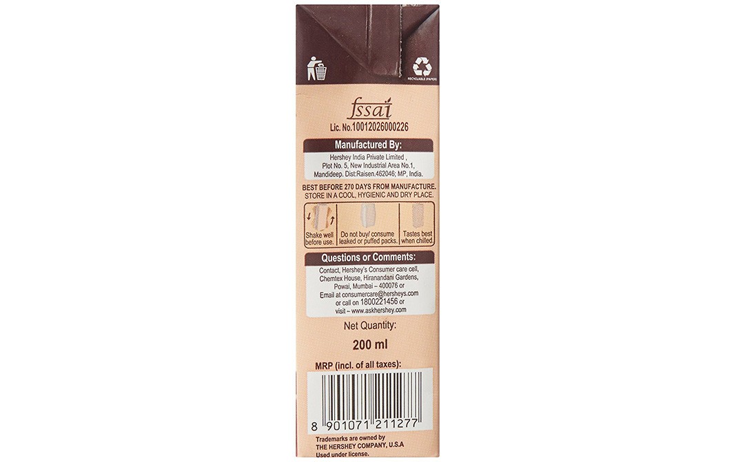 Hershey's Milk Shake Chocolate Flavour   Tetra Pack  200 millilitre